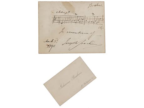 Visitenkarte von Johannes Brahms sowie Notenblatt mit Widmung